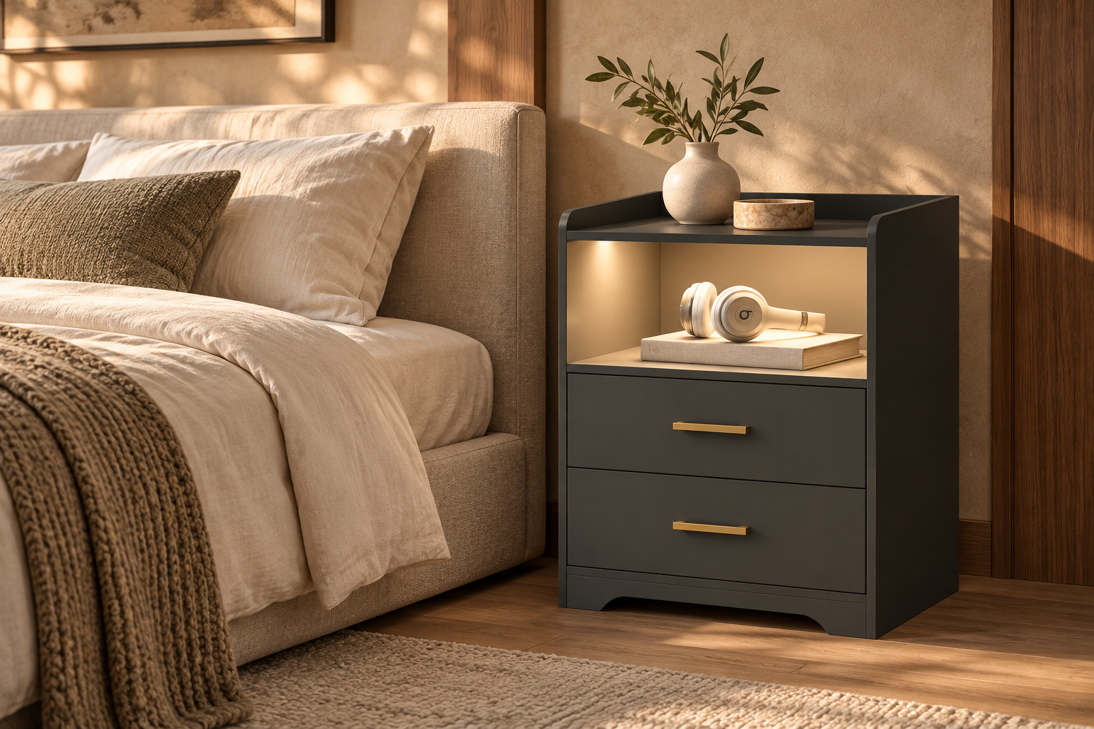 Chevet anthracite dans une chambre