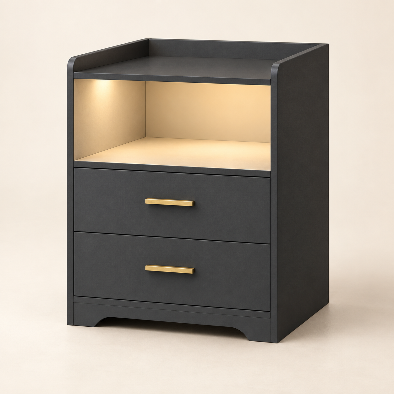 Lunova Table de Chevet LED, anthracite, deux tiroirs et poignées dorées