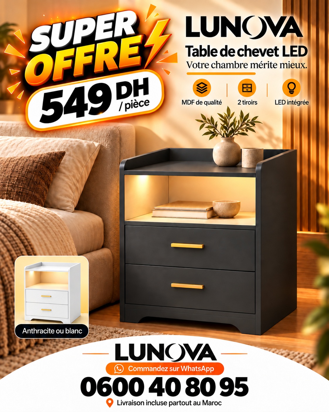 Super offre Lunova : Table de Chevet LED, 45 × 40 × 50 cm, 549 DH, livraison et montage inclus