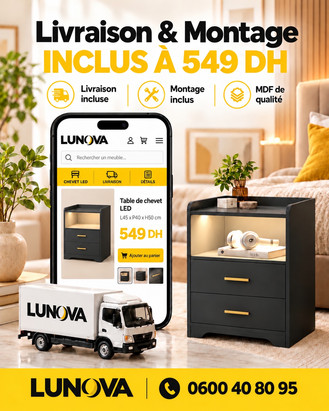 Lunova : livraison et montage inclus à 549 DH, MDF de qualité, contact 0600 40 80 95